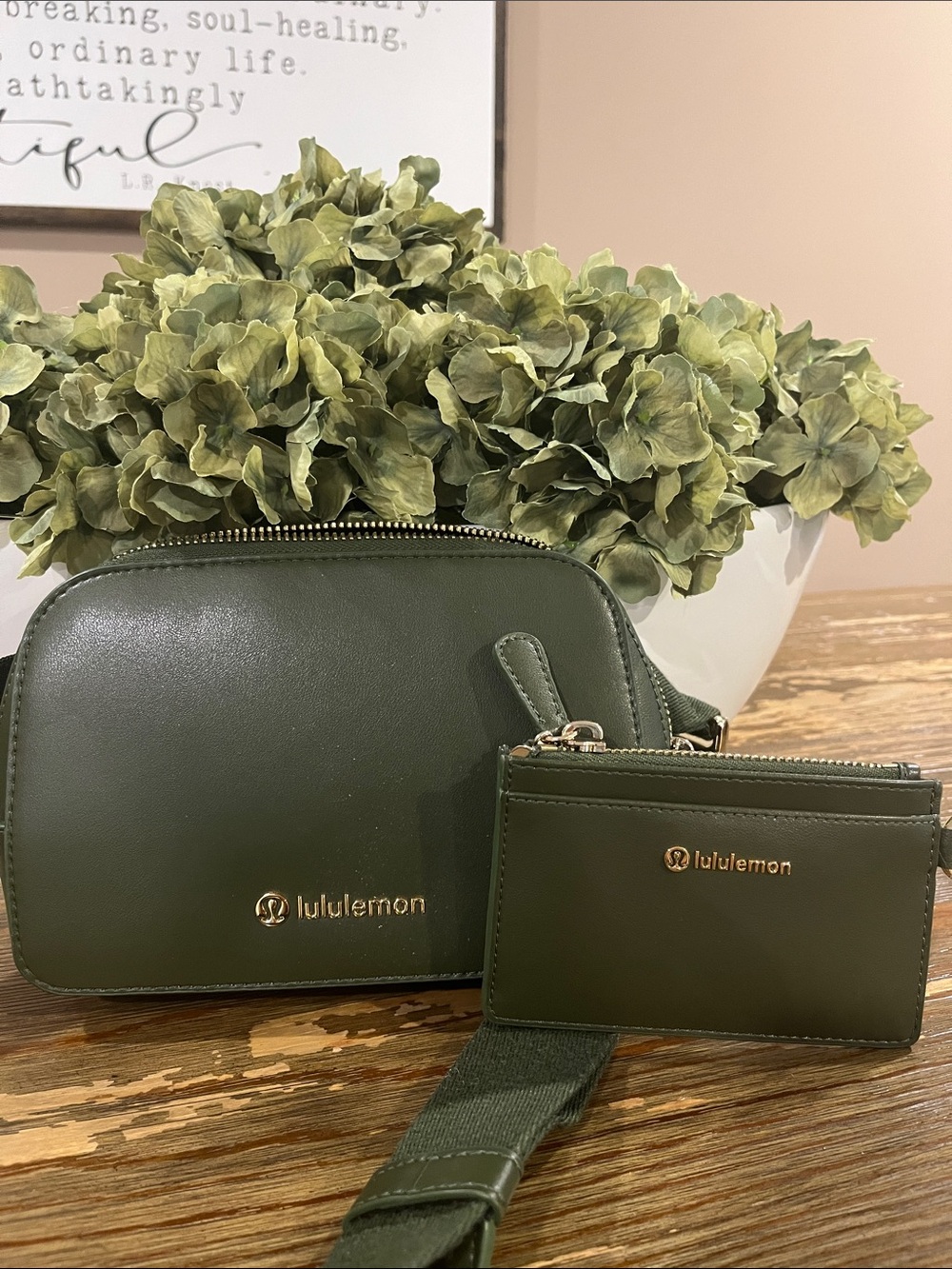 lululemon olive green leather crossbody with matching cardholder